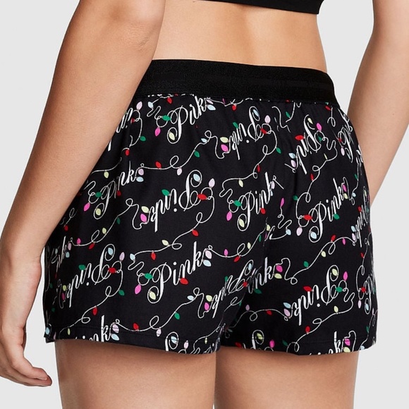 Victoria's Secret PINK Flannel Boxy Pajama Shorts Black Holiday Logo Lights S - Picture 2 of 5